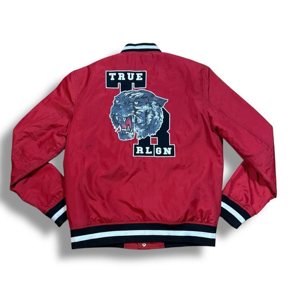 Vintage Y2K True Religion Varsity Bomber Jacket Mens Red Black Embroidered Sz L